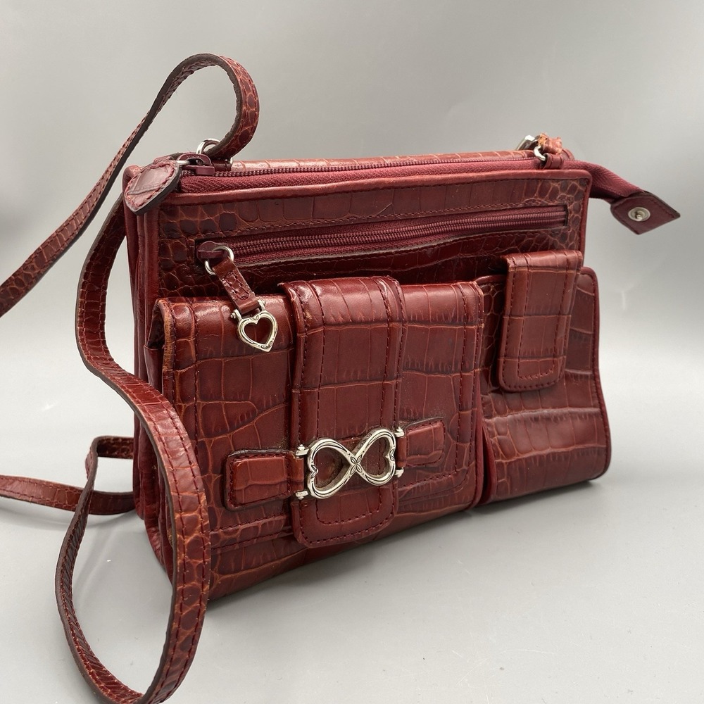 Brighton Burgundy‎ Croc Embossed Leather Crossbody Organizer Wallet Bag Red